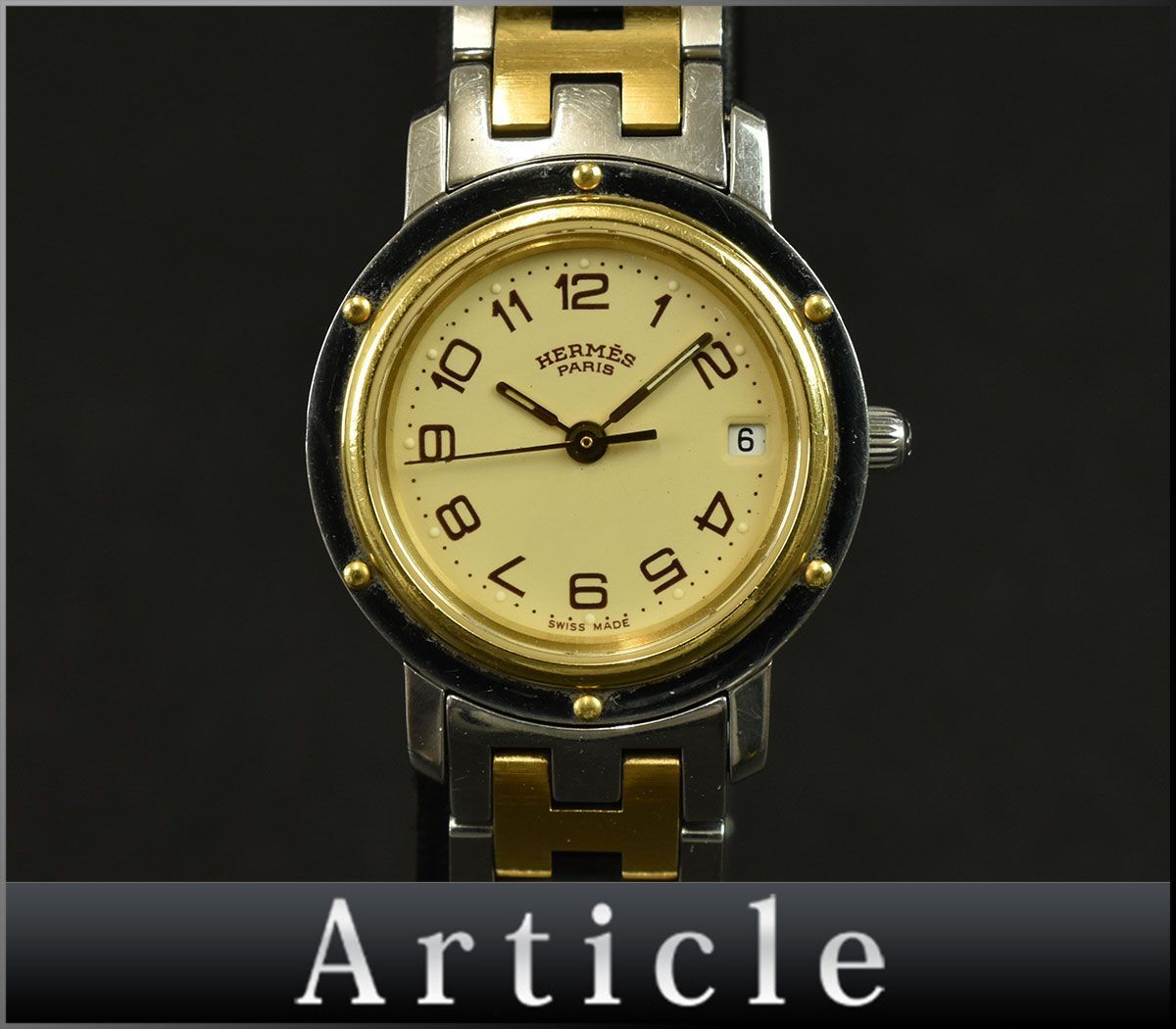 174013□動作確認済 HERMES エルメス クリッパー 腕時計 クォーツ デイト 3針 CL4.220 GP SS ゴールド シルバー レディース/ Dの画像1