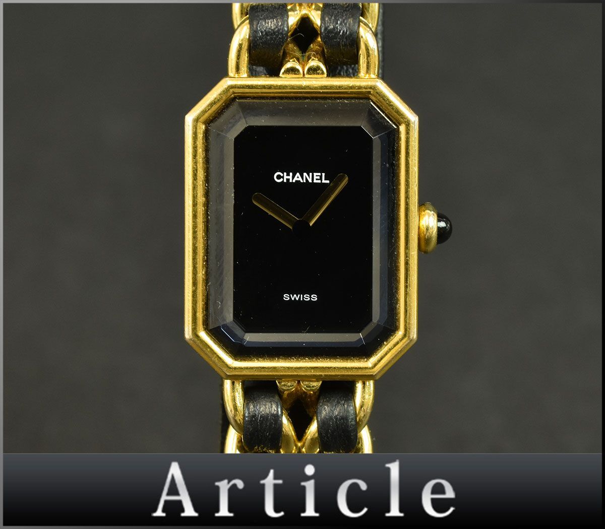 174443□動作確認済 CHANEL シャネル プルミエールM 腕時計 クォーツ 2針 H0001 GP レザー 革 ブラック ゴールド レディース/ Dの画像1