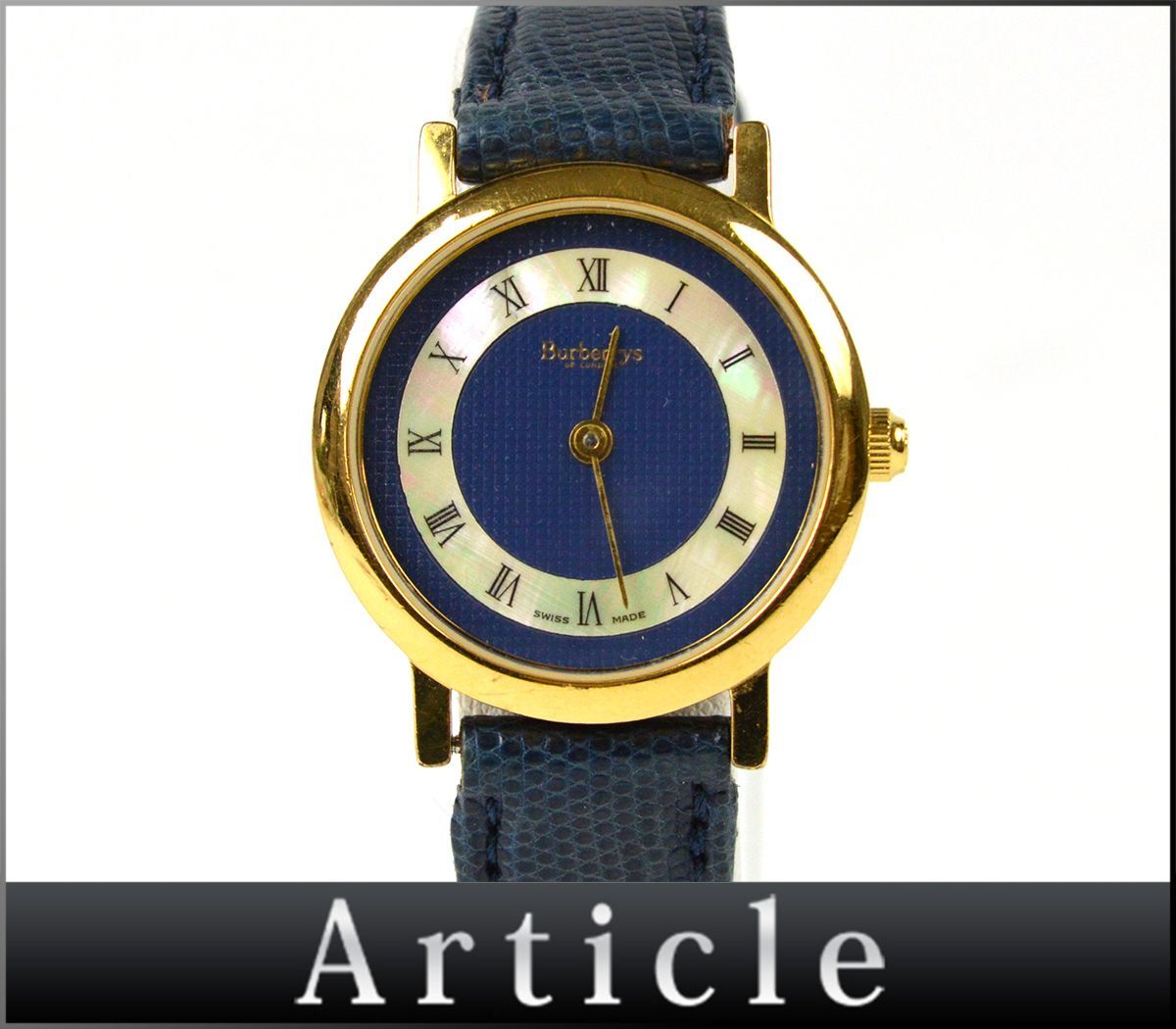 175005□動作未確認 BURBERRY バーバリー 腕時計 クォーツ 2針 ローマン 6000L シェル GP レザー 革 ネイビー ゴールド レディース/ D_画像1