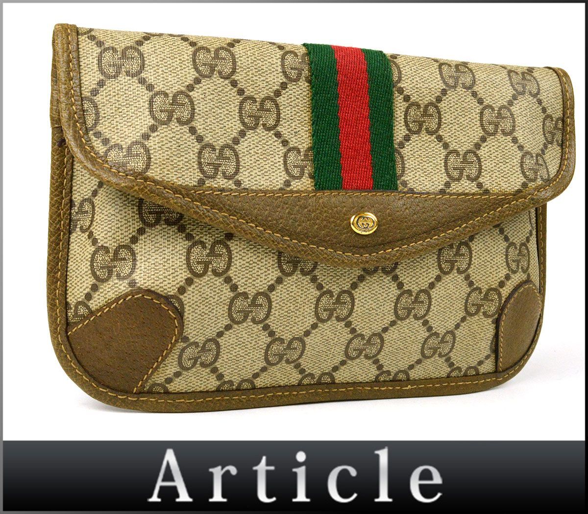 175749〇美品 GUCCI グッチ シェリー GGスプリーム ポーチ 小物入れ 89.01.021 PVC レザー ベージュ ブラウン オールドグッチ/ B_画像1