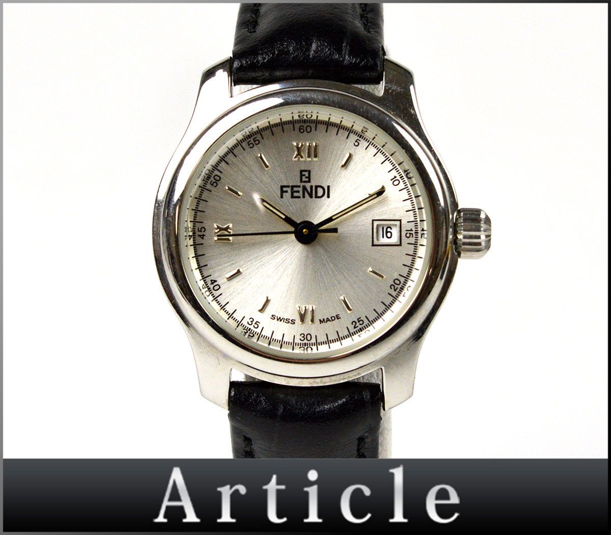 174516◆動作確認済 FENDI フェンディ レディースウォッチ 腕時計 クォーツ 210L デイト 3針 SS レザー 革 シルバー ブラック/ D_画像1