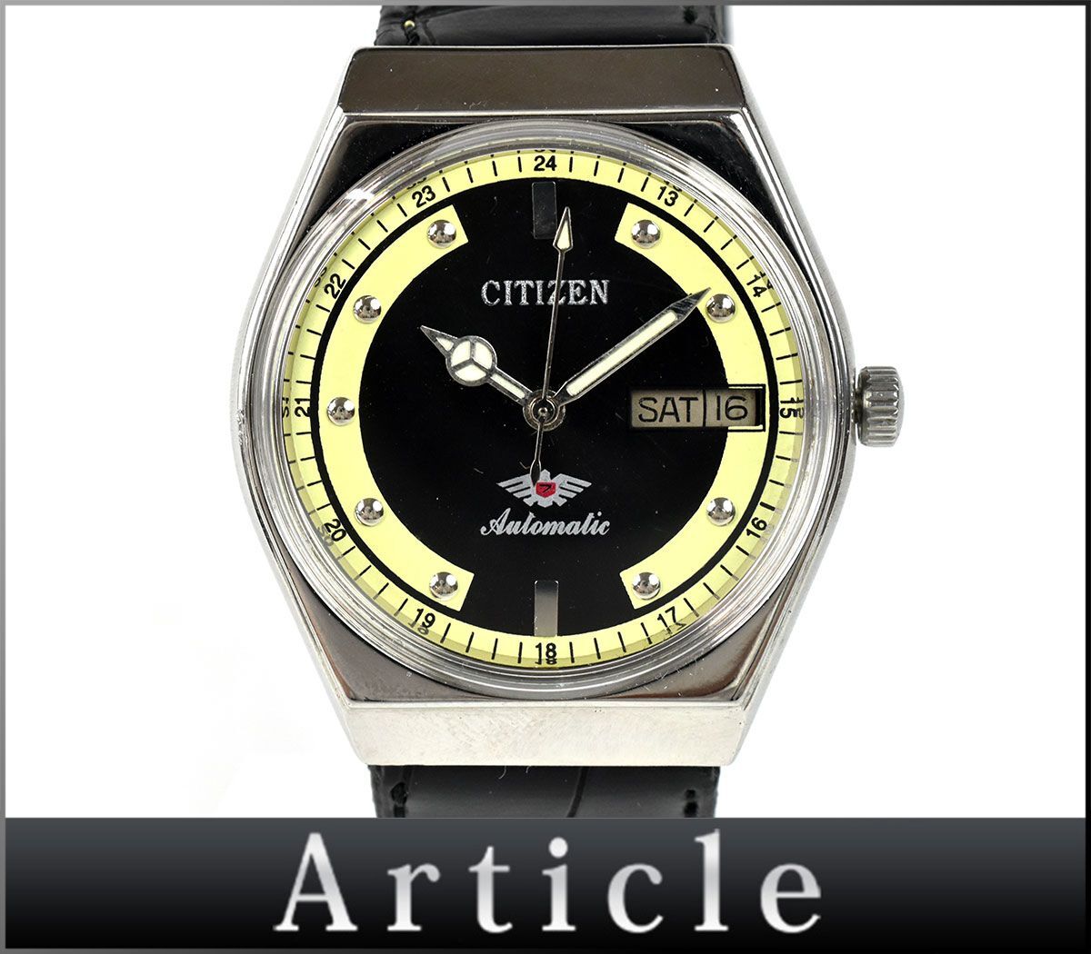 176164◇ 動作確認済 CITIZEN シチズン メンズウォッチ 腕時計 自動巻き デイデイト SS レザー 革 ブラック イエロー メンズ/ D_画像1