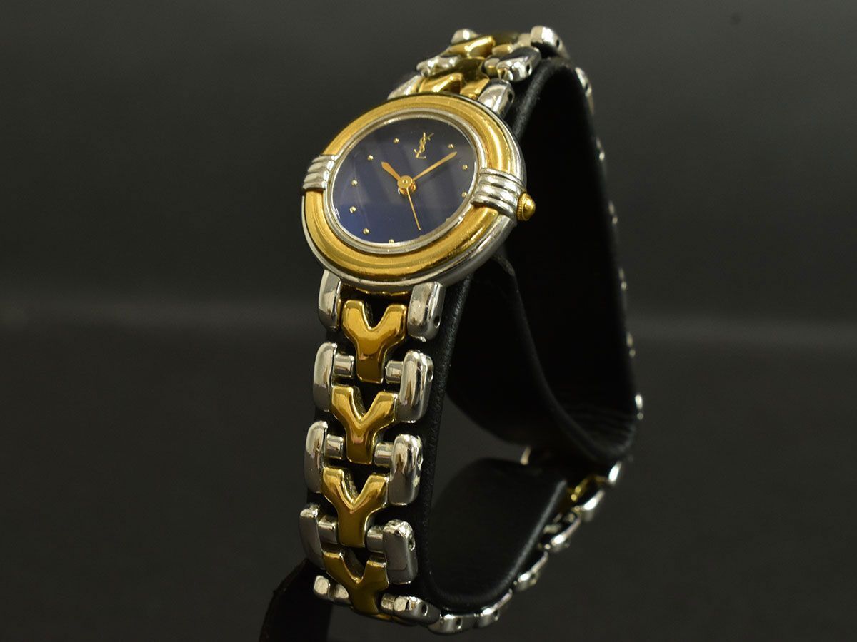 175609□動作未確認 Yves SaintLaurent イヴサンローラン 腕時計 クォーツ 3針 5430-F43089 GP SS ブルー ゴールド シルバー レディース/ Dの画像2