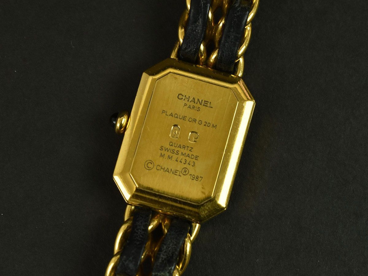 175489□動作確認済 CHANEL シャネル プルミエールL 腕時計 クォーツ 2針 H0001 GP レザー 革 ブラック ゴールド レディース/ Dの画像9