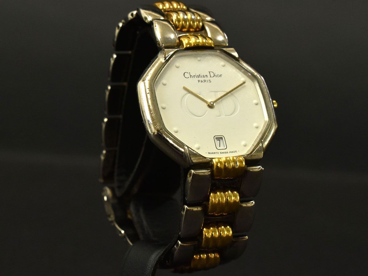 173781□動作確認済 Christian Dior ディオール 腕時計 クォーツ デイト 2針 オクタゴン D45-204 ホワイト ゴールド メンズ/ Dの画像4