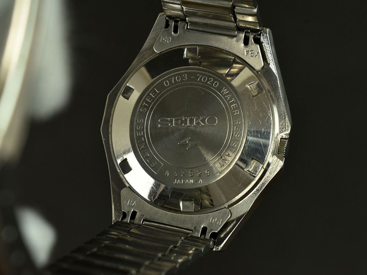 174042◆動作未確認 SEIKO セイコー エルニクス 腕時計 電磁テンプ式 0703-7020 デイデイト 3針 アナログ SS シルバー メンズ/ Dの画像9