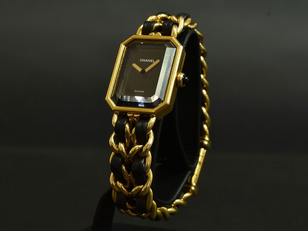 174443□動作確認済 CHANEL シャネル プルミエールM 腕時計 クォーツ 2針 H0001 GP レザー 革 ブラック ゴールド レディース/ Dの画像2