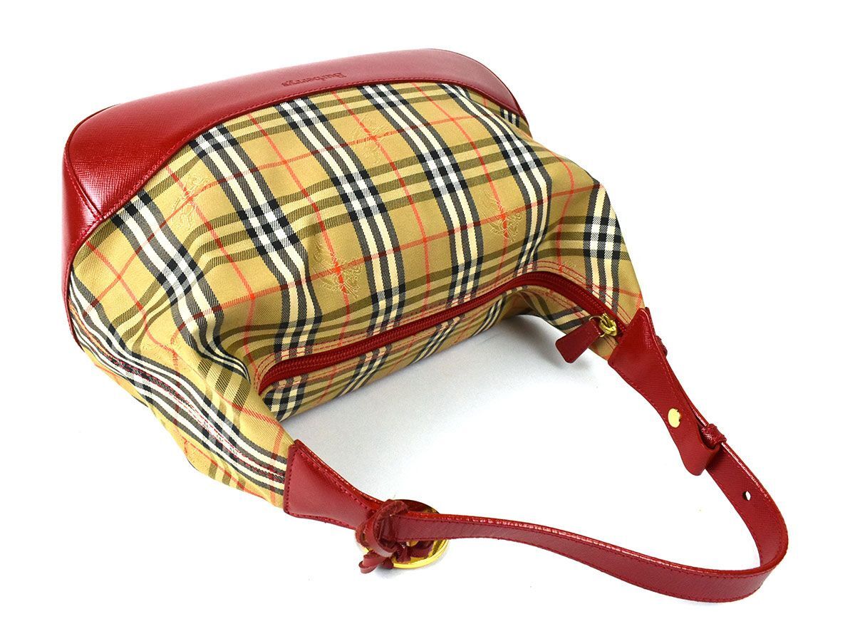 175801◆ BURBERRY burberrys バーバリー チェック柄 ショルダーバッグ キャンバス レザー 革 ベージュ レッド レディース/ B_画像4