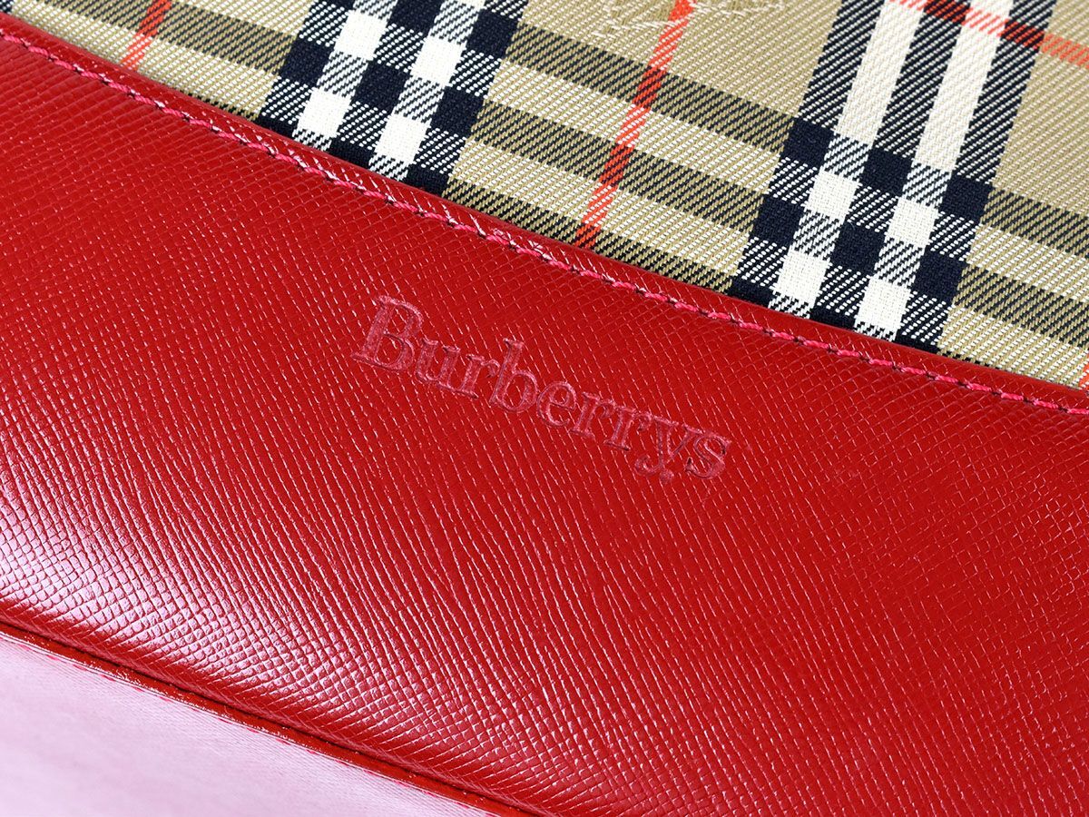 175801◆ BURBERRY burberrys バーバリー チェック柄 ショルダーバッグ キャンバス レザー 革 ベージュ レッド レディース/ B_画像7