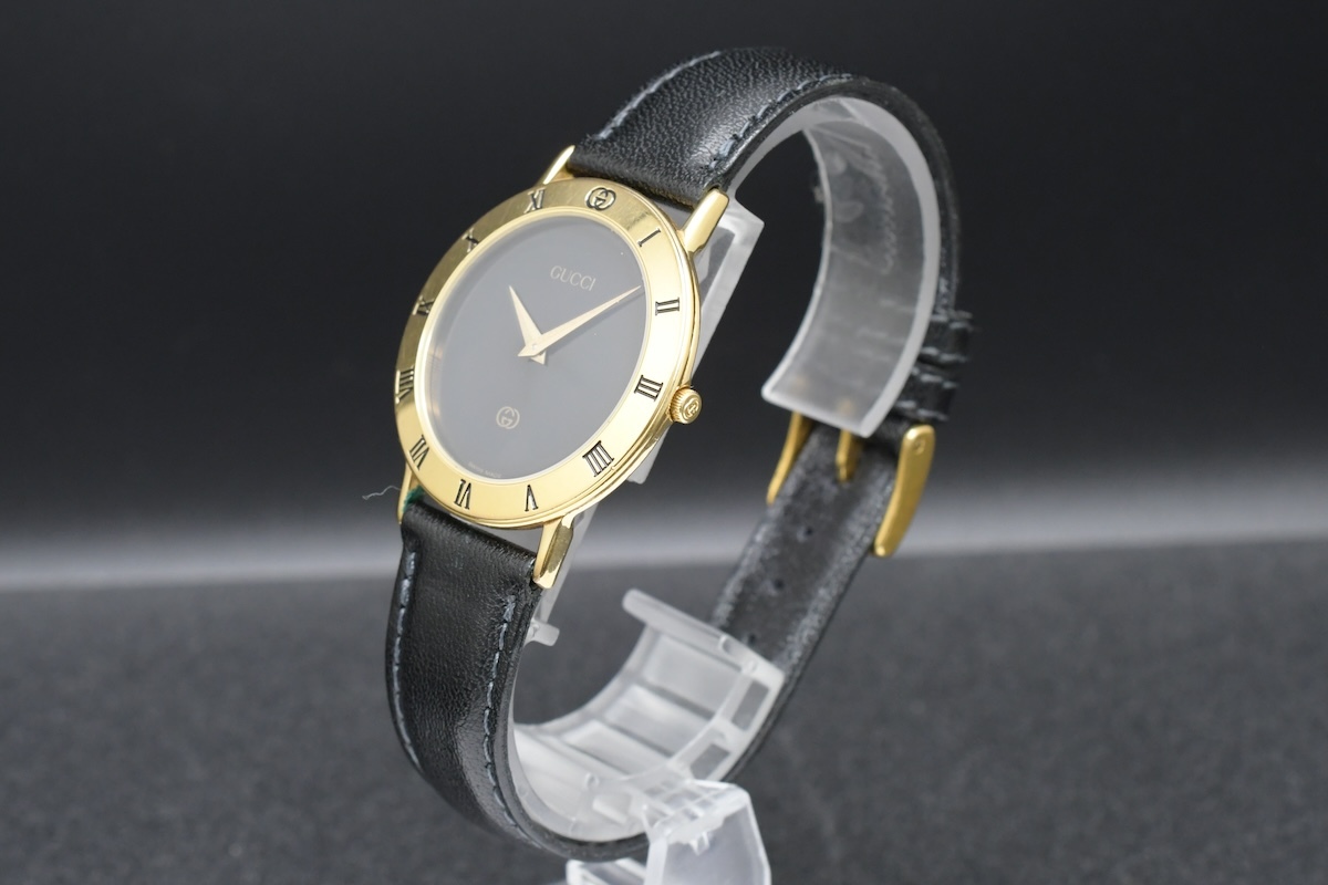 GUCCI Ref:3000M グッチ ゴールドカラー 黒文字盤 ローマ クォーツ レディース 腕時計 ■24489_画像3