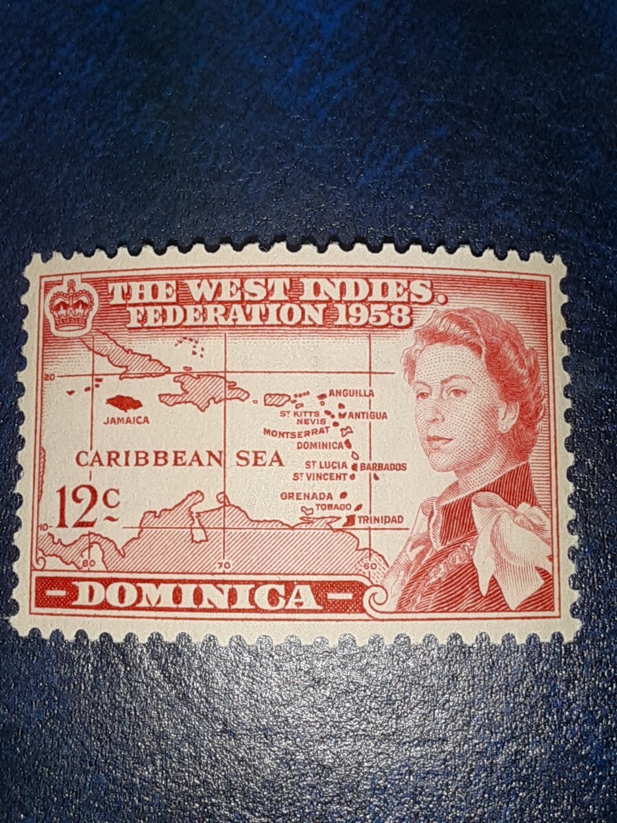 アンティーク切手 イギリス領ドミニカ 1958年 西インド諸島連邦結成記念 12セント エリザベス女王&地図 未使用 DM12060521_画像9