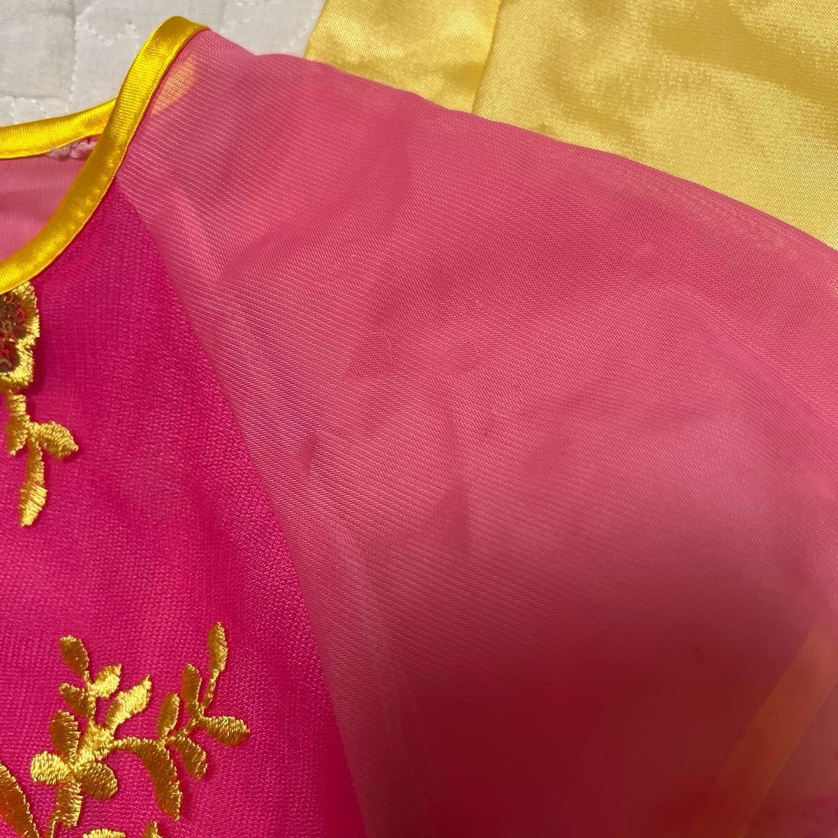 110cm 子供用 アオザイ 民族衣装 半袖 ピンク イエロー スパンコール 花柄 キッズ 女の子 ベトナム Ao Dai