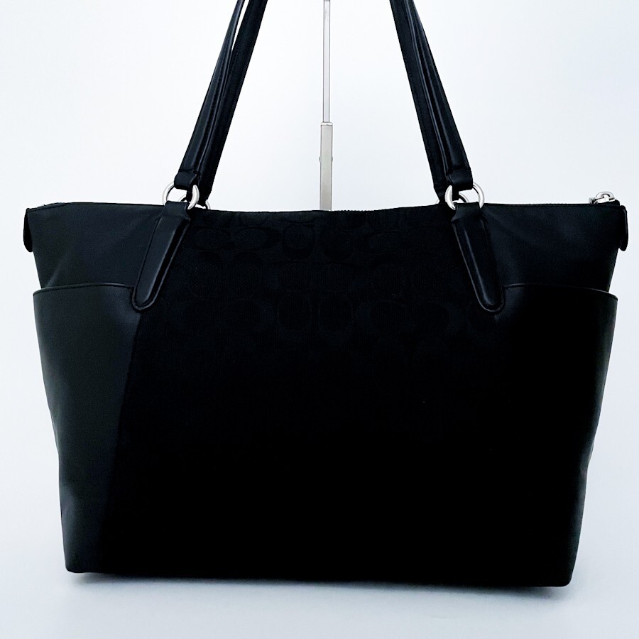 1 иен ~# не использовался класс #COACH Coach общий рисунок Logo очарование парусина большая сумка бизнес большая вместимость A4 женский мужской кожа черный чёрный 