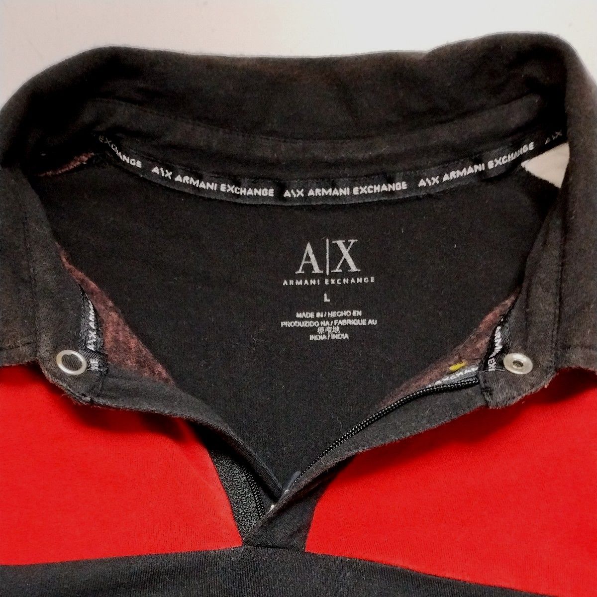 A/Xアルマーニエクスチェンジ半袖ポロシャツL　黒/赤/白　アシンメトリー切替のおしゃれデザイン！　ARMANI EXCHANGE