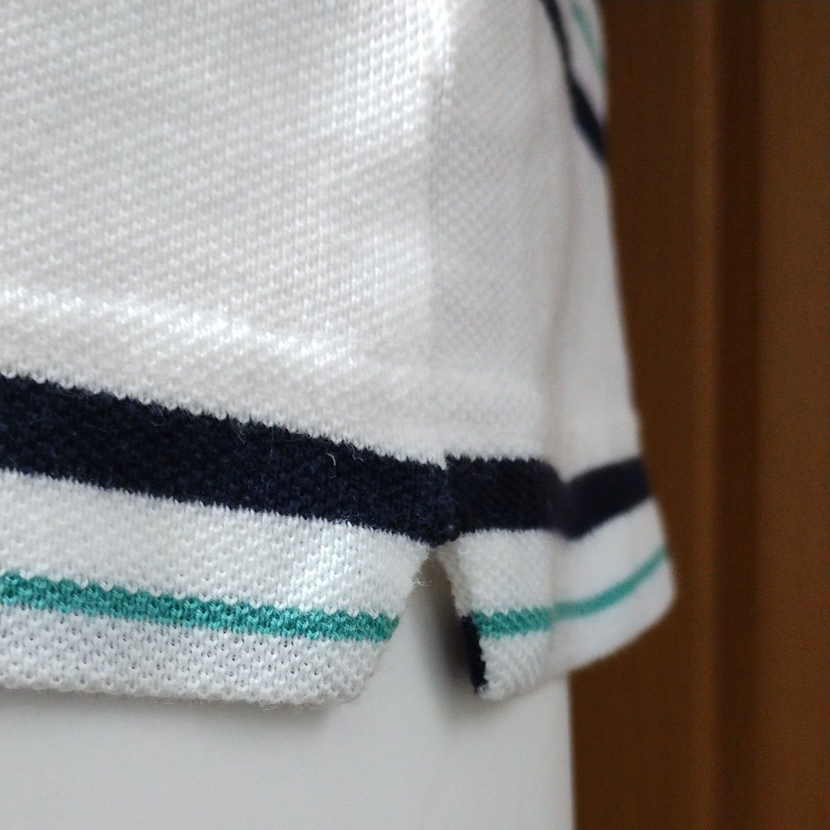 ラコステ半袖ポロシャツ4　実寸L程度　ホワイトベース/ボーダー　国内正規品　胸にワニワッペン刺繍　LACOSTE　鹿の子編み　綿