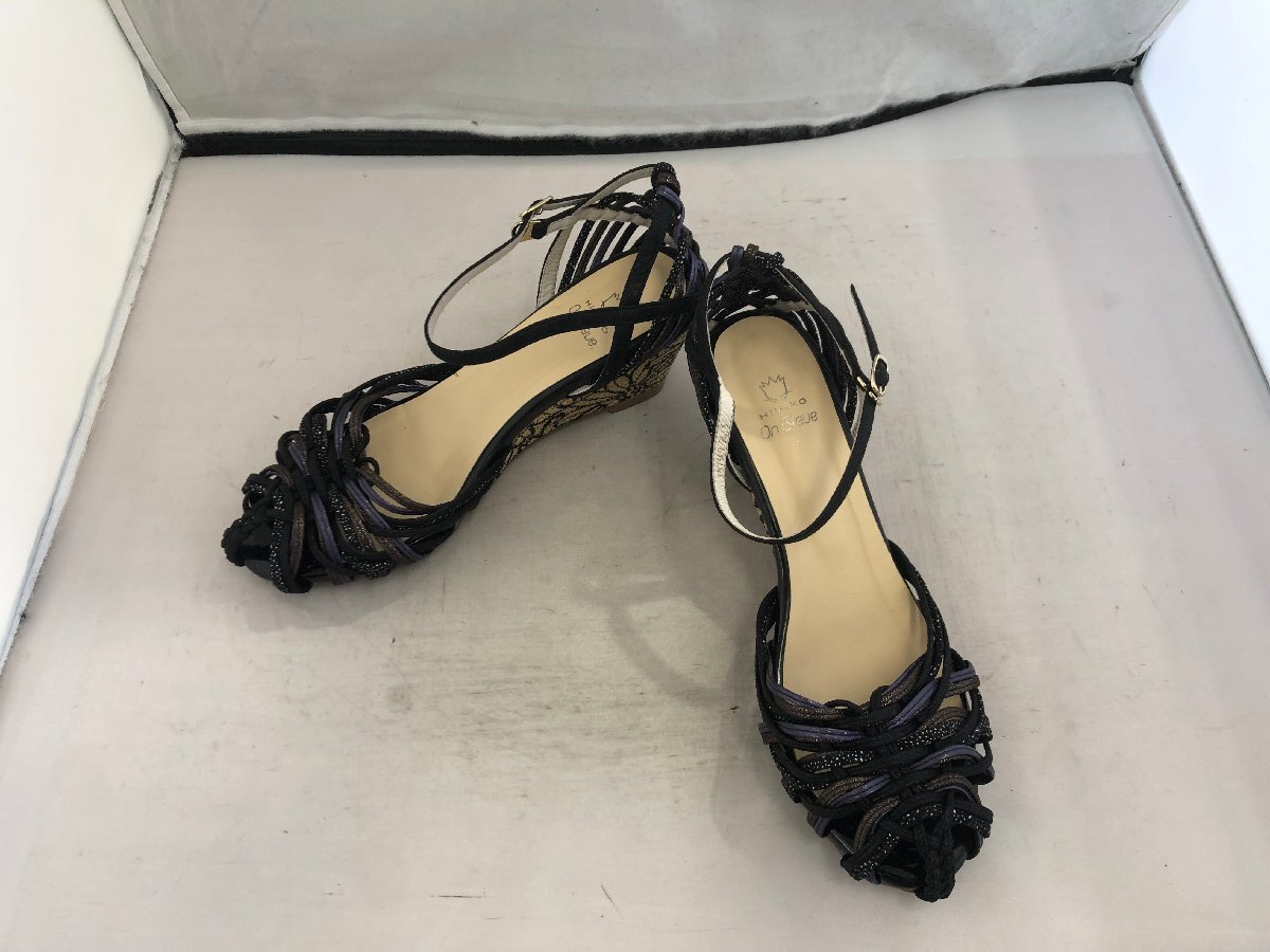 [HIMIKO On Bleue] Himiko on blue Lady's leather wire jute sandals black leather 24.5cm heel 7cm SY02-EME