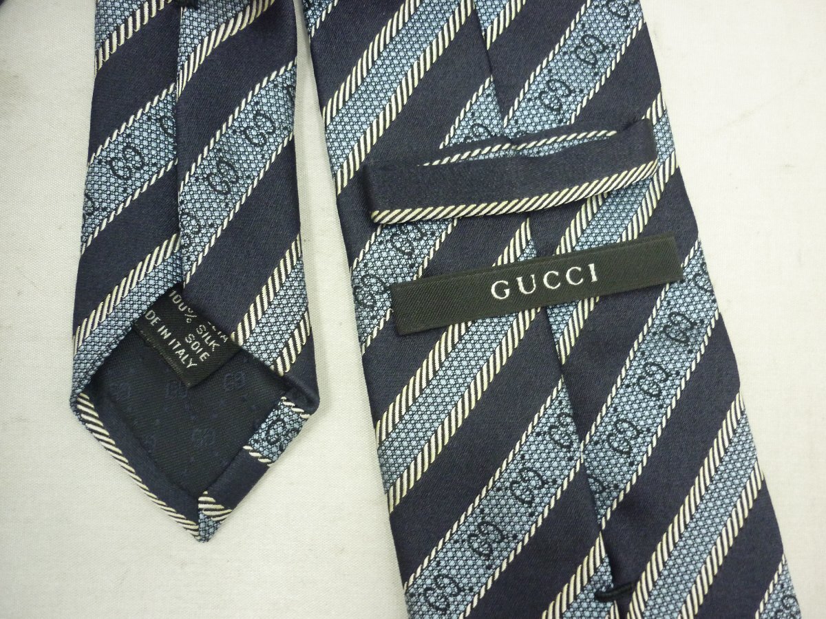 【GUCCI】グッチ　ネクタイ　ネイビー×ブルー×グレー　ストライプ　シルク100％　SY02-DGA_画像3