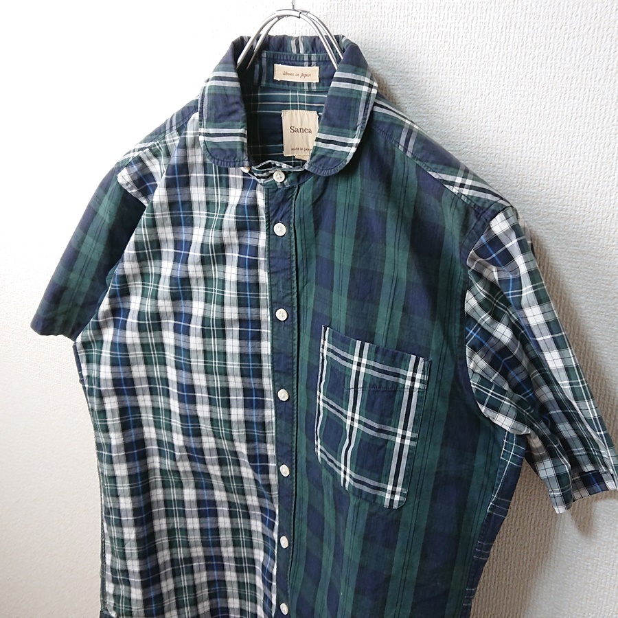 Sanca サンカ クレイジーパターン チェックシャツ 半袖 ブラックウォッチ グリーン 緑 size2 日本製 _画像4