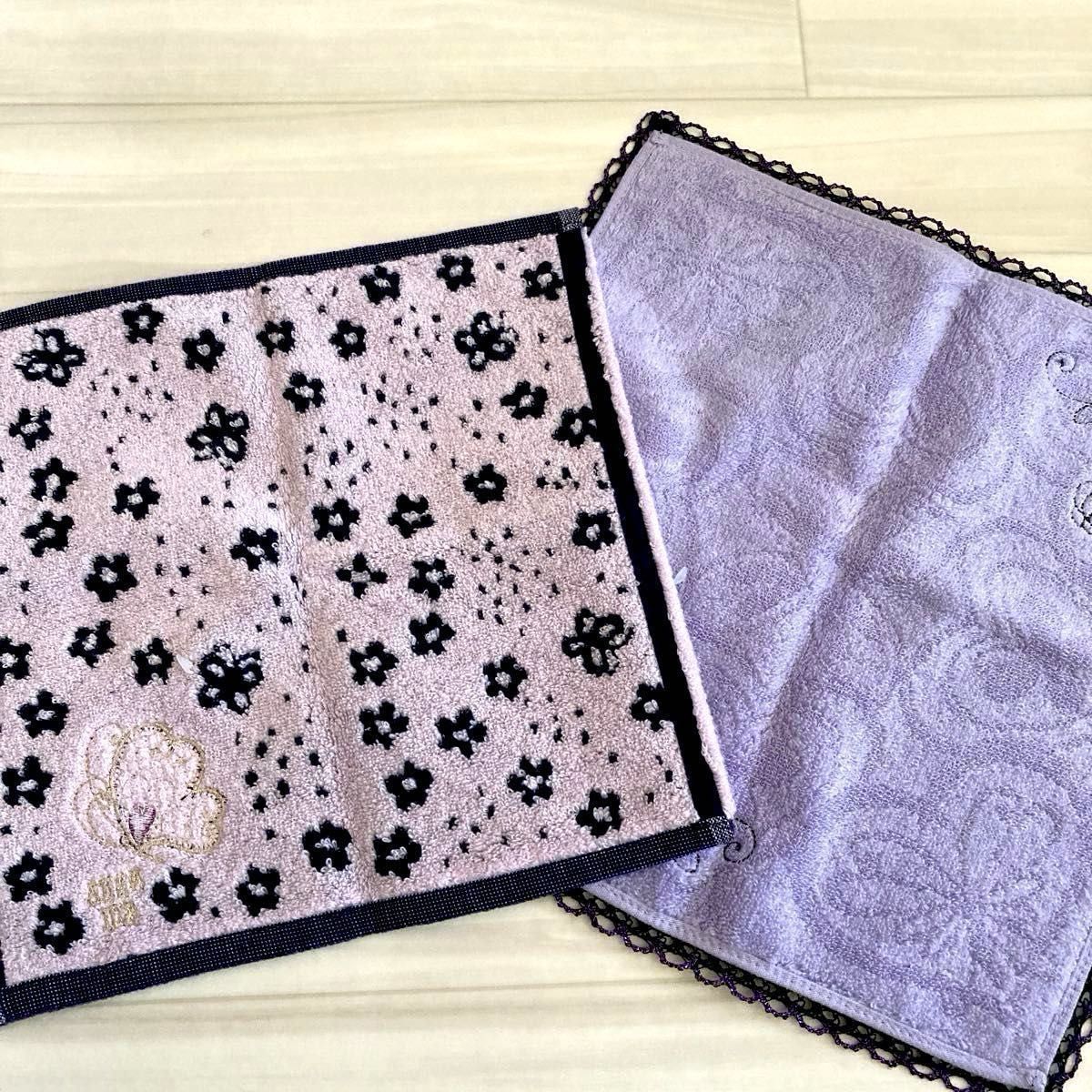 新品未使用　２枚セット♪アナスイANNA SUI ★蝶々アップリケ刺繍小花柄　レース縁取り大判タオルハンカチ　薔薇　刺繍入り