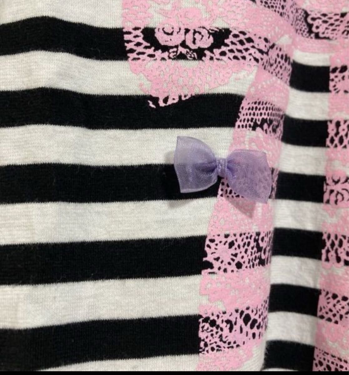 ボーダー　Tシャツ　 ラブ&スマイルガールズ　黒白ボーダー　ピンクレース柄　シフォンリボン　裾フリル　サイズ140 女の子　ロング