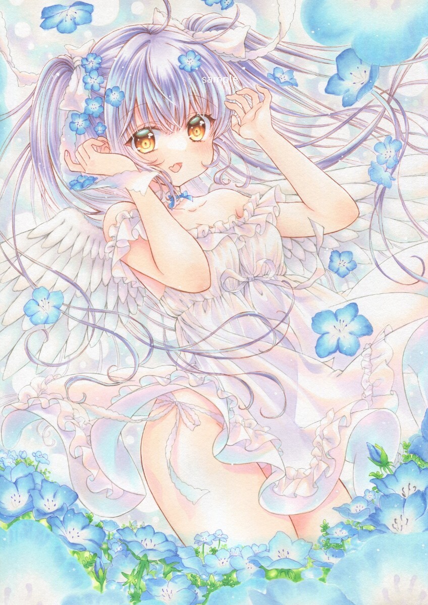 literary creation A4 [ nemophila. flower in the field ] hand-drawn illustrations original angel original picture 