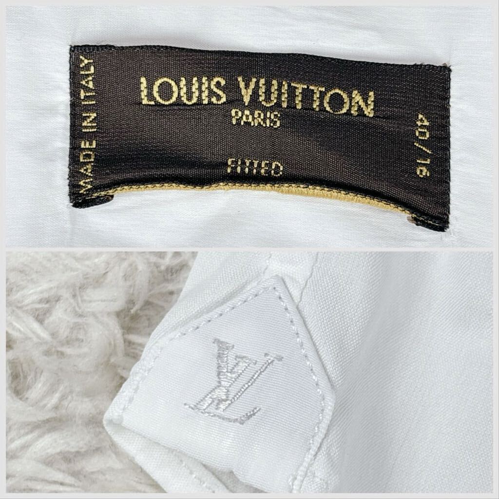 1円 美品 M~L ルイヴィトン LOUIS VUITTON 長袖シャツ Yシャツ ロゴ刺繍 メタルボタン メンズ ホワイト 40/16_画像9