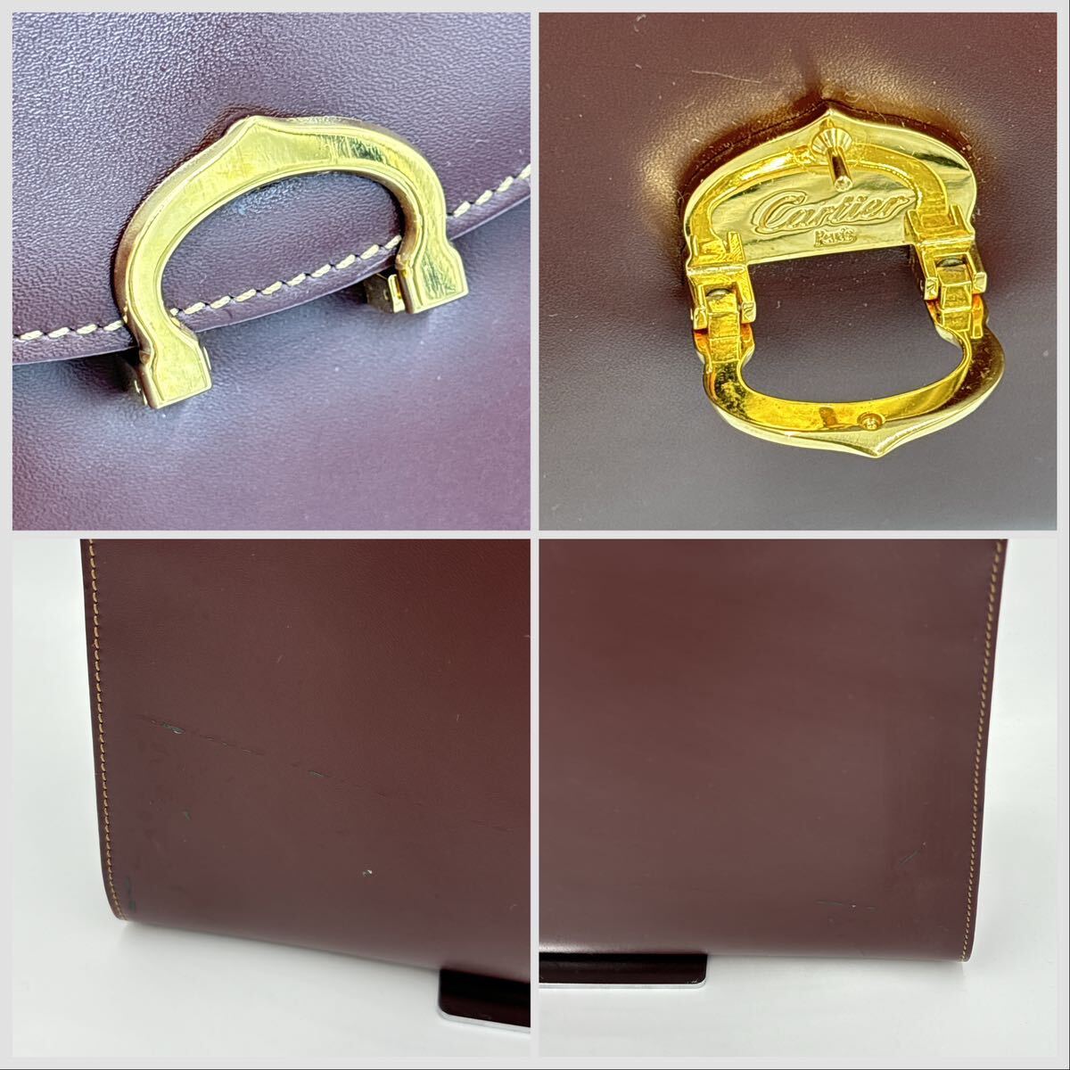 1 иен хорошая вещь Cartier Cartier ручная сумочка Must линия бордо Gold металлические принадлежности кожа натуральная кожа 