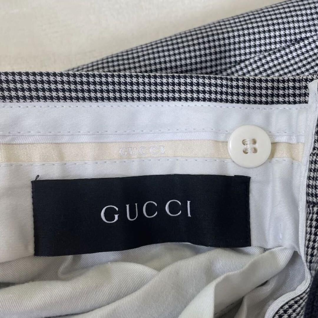 1円〜 未使用級 GUCCI グッチ 千鳥格子柄 ノープリーツ スラックス パンツ メンズ コットン スイス製 46R ホワイト ブラック　_画像5