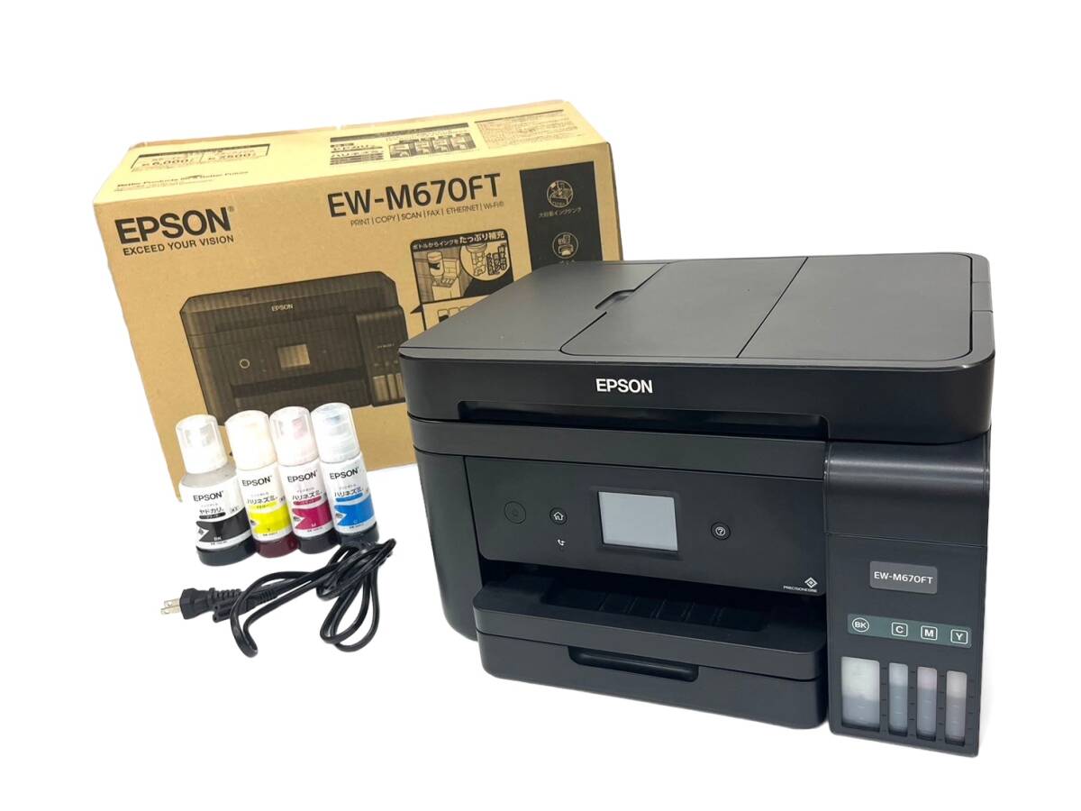 4M3S★通電OK★ EPSON エプソン（EW-M670FT）インクジェットプリンター 複合機 エコタンク搭載 ブラック 2017年製 ジャンク_画像1