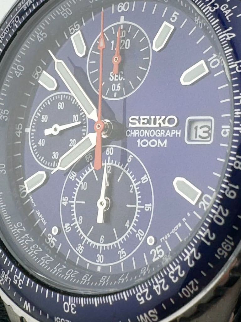 SEIKO セイコー クロノグラフ 100m 7T92-0CF0 青文字盤 メンズ腕時計 クォーツ【k3445】_画像6