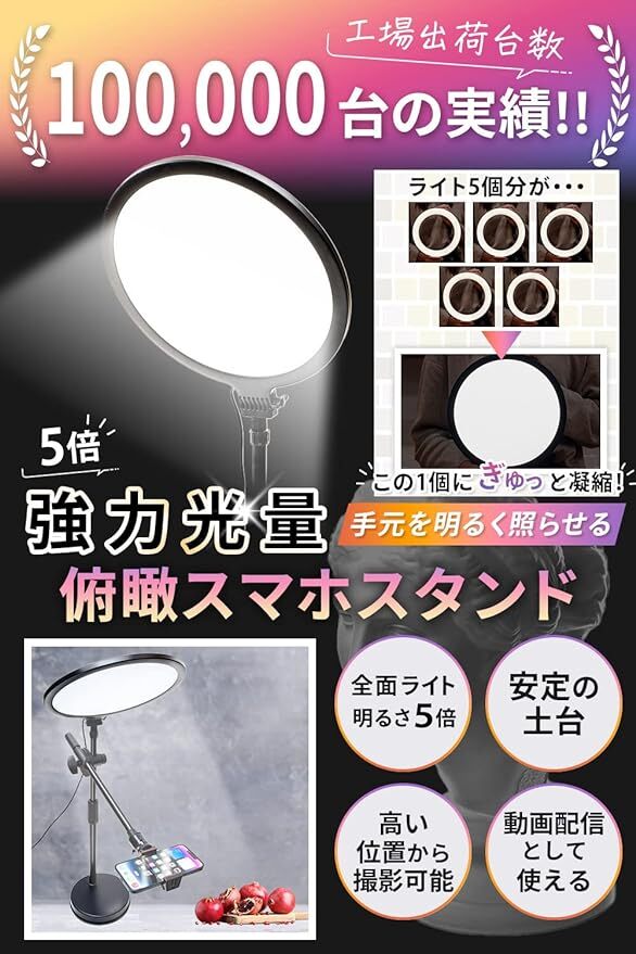 [送料無料] 美品24年3月購入 lapset 高輝度LED/スマホスタンド/俯瞰+真上撮影/全面ライトLED/リングライト/手元撮影/5倍強力光量_画像3