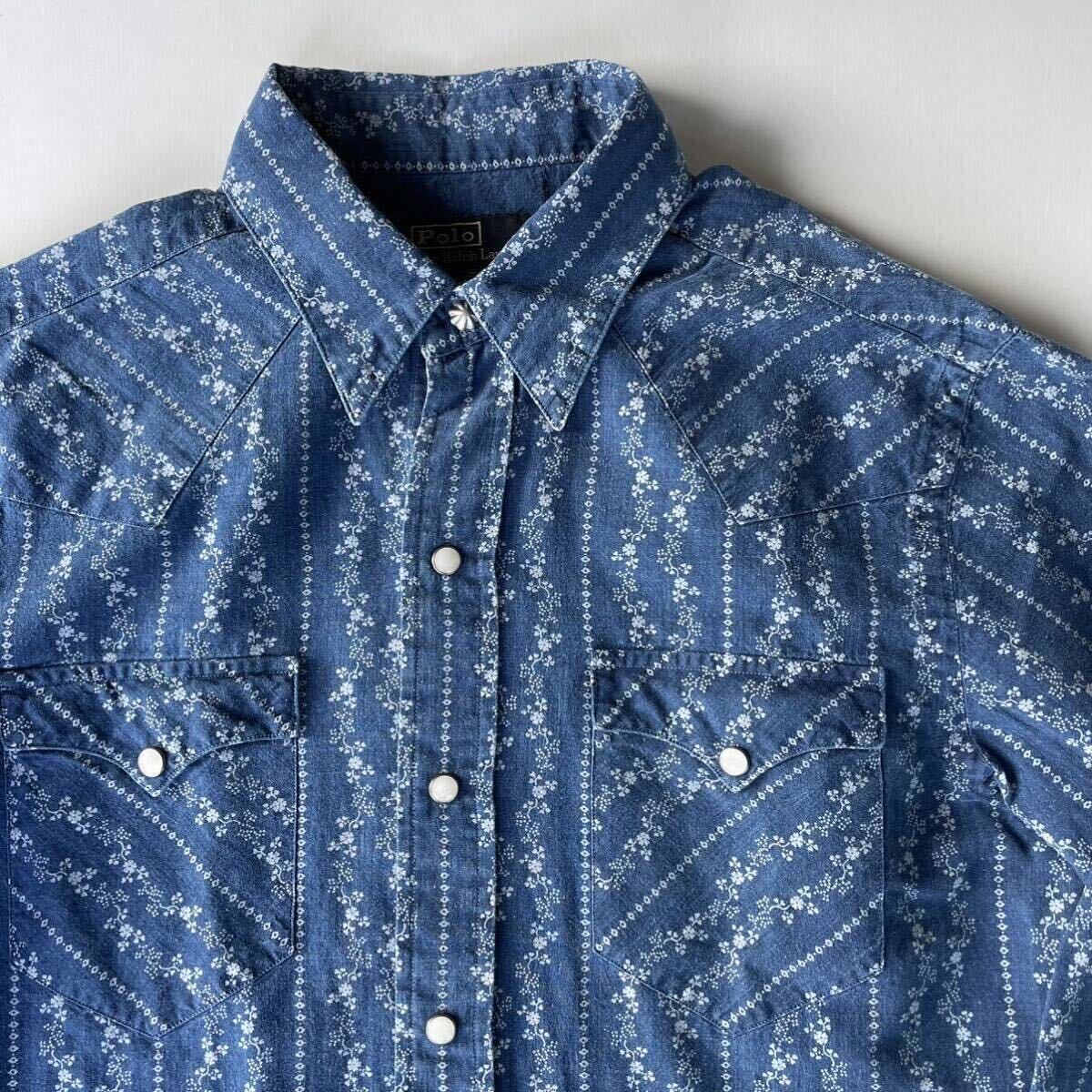 Polo Ralph Lauren × Naiomi Grass “Indigo Western Shirt” S ナバホ ストライプ インディゴ ウエスタン シャツ ネイティブ リネン RRL_画像1