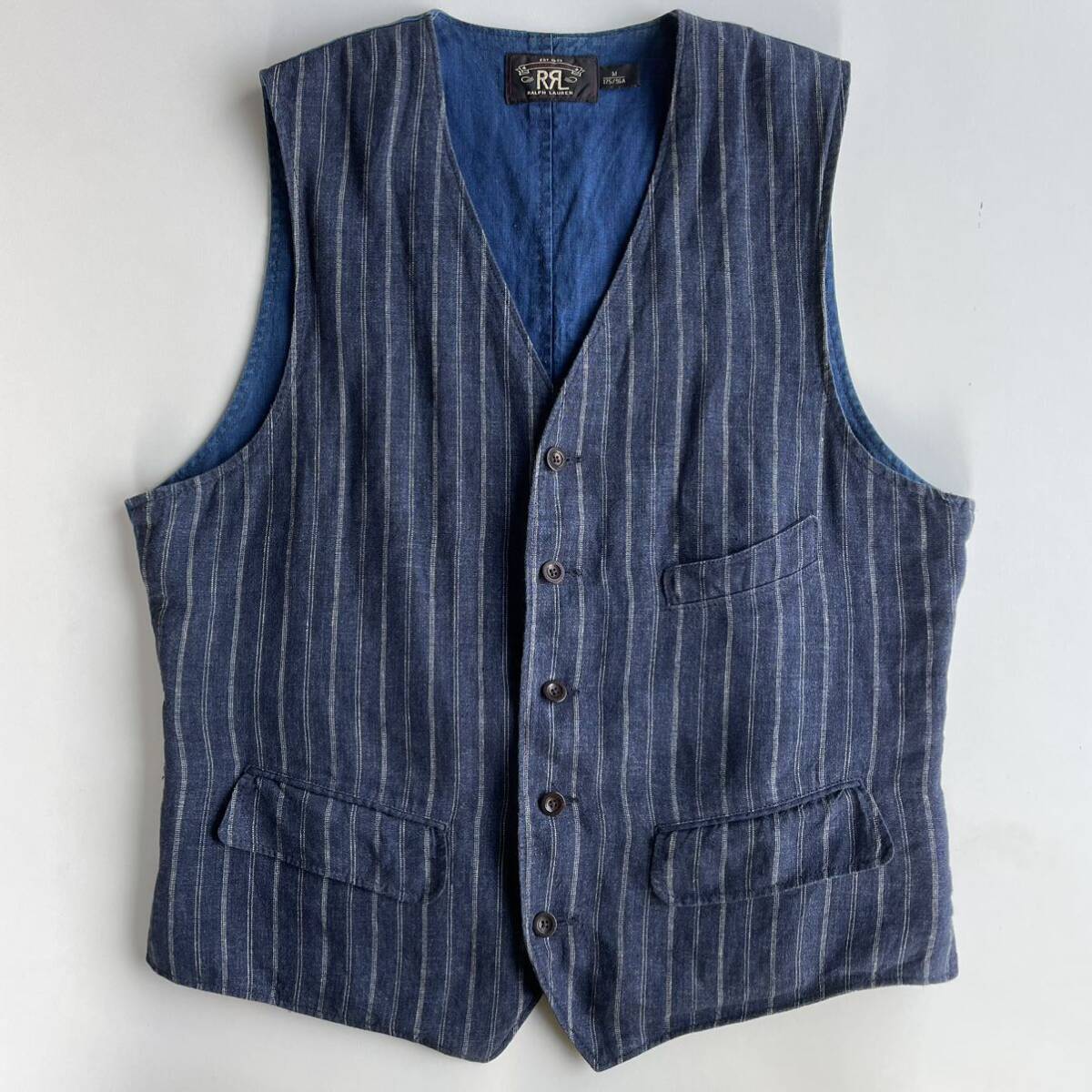 傑作】RRL “Indigo Linen Striped Vest” M ジョニーデップ 傑作】RRL “Indigo Linen Striped Vest” M ジョニーデップ