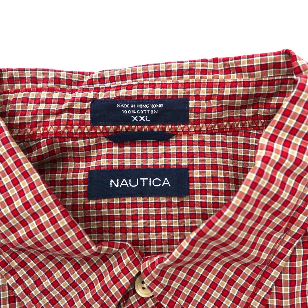 NAUTICA ビッグサイズ ボタンダウンシャツ XXL レッド チェック コットン ワンポイントロゴ刺繍_画像4