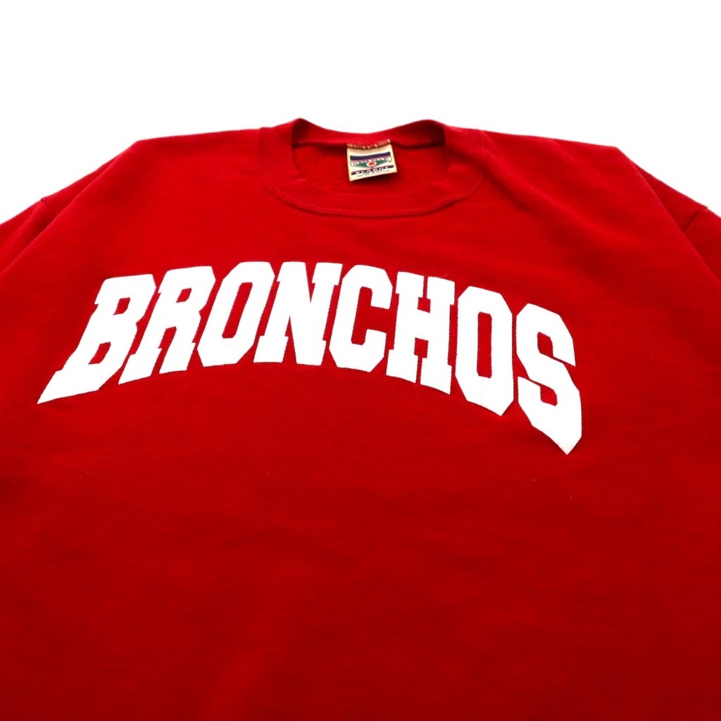 USA製 90年代 RED OAK カレッジプリントスウェット XL レッド コットン 裏起毛 BRONCHOS ビッグサイズ_画像6