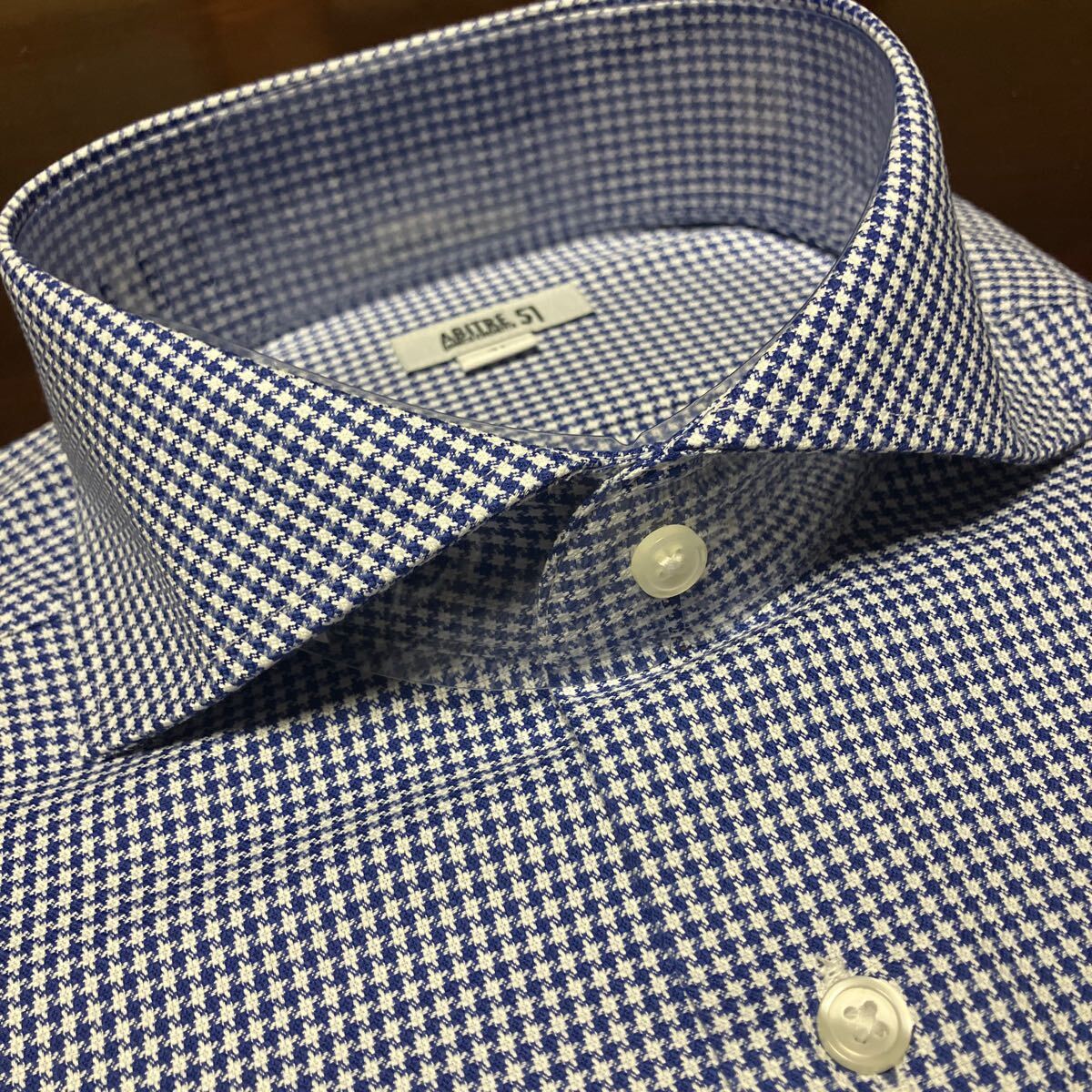 ABITRE51　ブルー千鳥チェック　形態安定半袖ワイシャツ　L(首41㎝)　ホリゾンタル　人気衿型_画像4