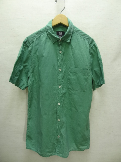 全国送料無料 エイチアンドエム H&M メンズ&レディース 綿100%素材 半袖 緑色シャツ XS(165/84A)_画像1