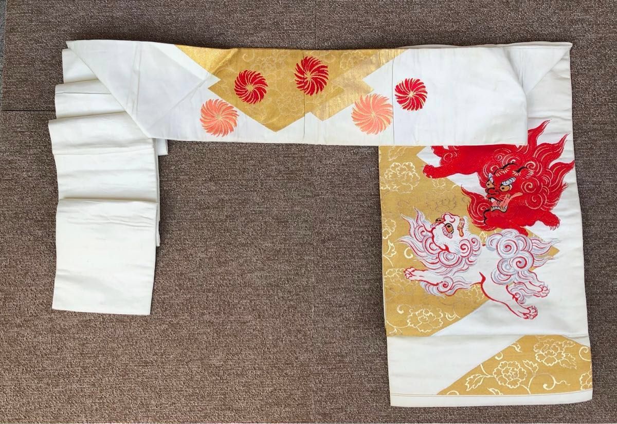 名古屋帯 正絹 九寸 お太鼓柄 獅子 狛犬 唐獅子 牡丹 金糸 白 赤 名古屋帯 正絹 九寸 お太鼓柄 獅子 狛犬 唐獅子 牡丹 金糸 白 赤