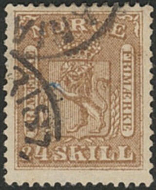外国切手　ノルウェー　使用済み　1863年　紋章　24ｓ_画像1