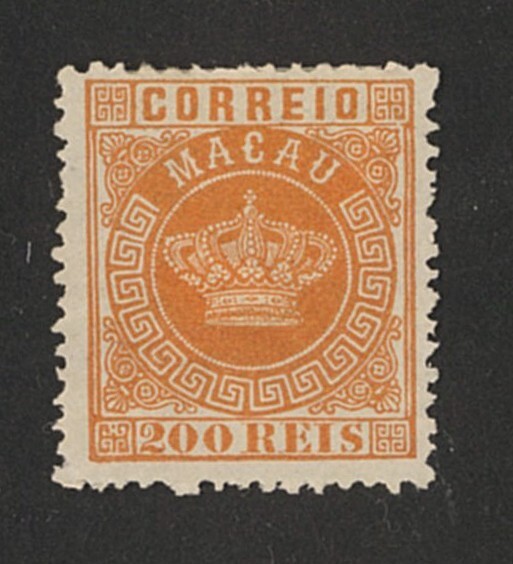 外国切手　マカオ　未使用　1884-85年 王冠 200r橙(14) 糊落,シワ_画像1