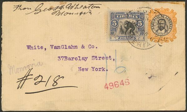  foreign stamp envelope cover en tire 10c. made envelope 1 kind . American addressed to registered mail MONROVIA MAY 25 10 put on seal 