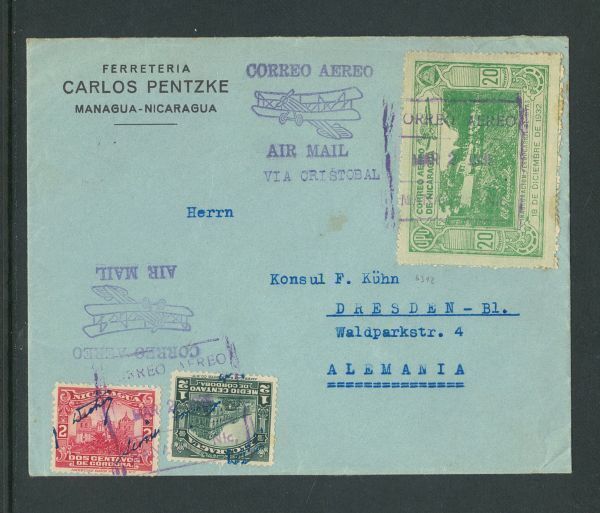 外国切手　封筒　カバー　エンタイヤ　ニカラグア　サン・ジョゼ－サン・ジュアン間鉄道開通　20c他2枚貼　米宛　航空便　MAR 5 1935_画像1