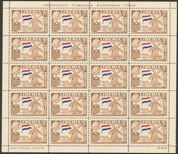 外国切手　リベリア　未使用　1958年　タブマン大統領訪欧　オランダ　1種　20面シート_画像1