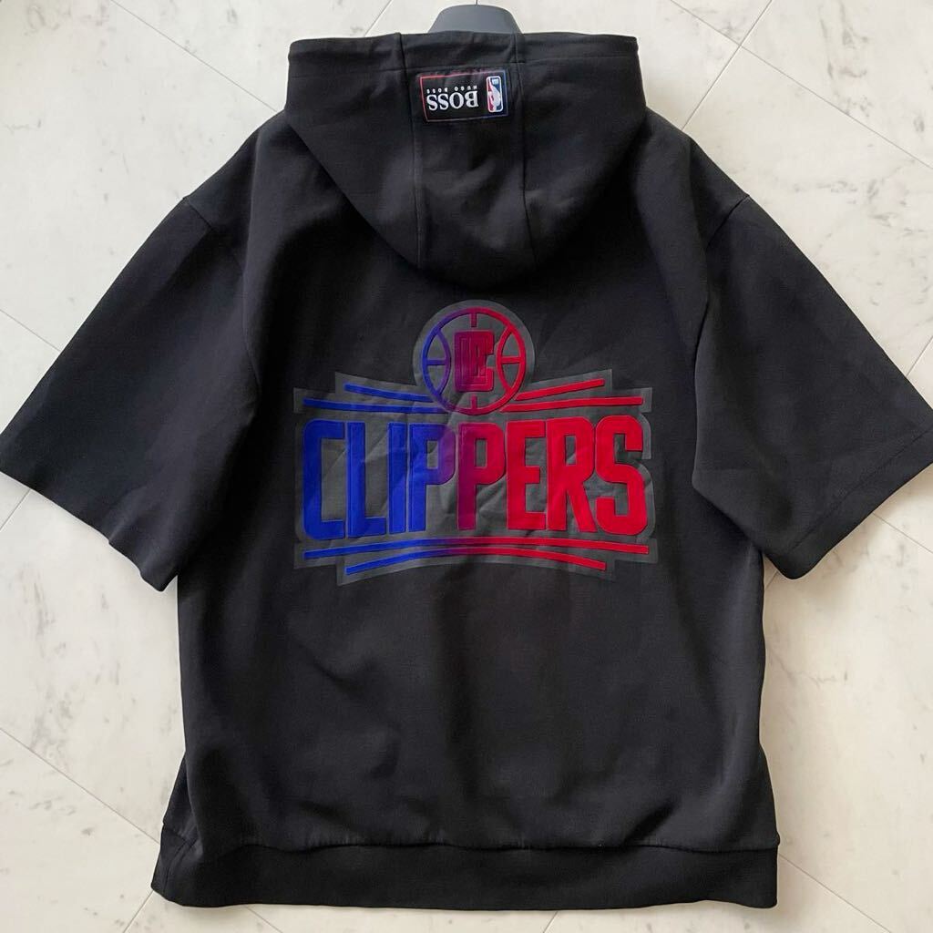 極美品/XL相当★ ヒューゴボス HUGO BOSS × NBA パーカー 半袖 プルオーバー スウェット LA CLIPPERS ロサンゼルス クリッパーズ ブラック_画像1