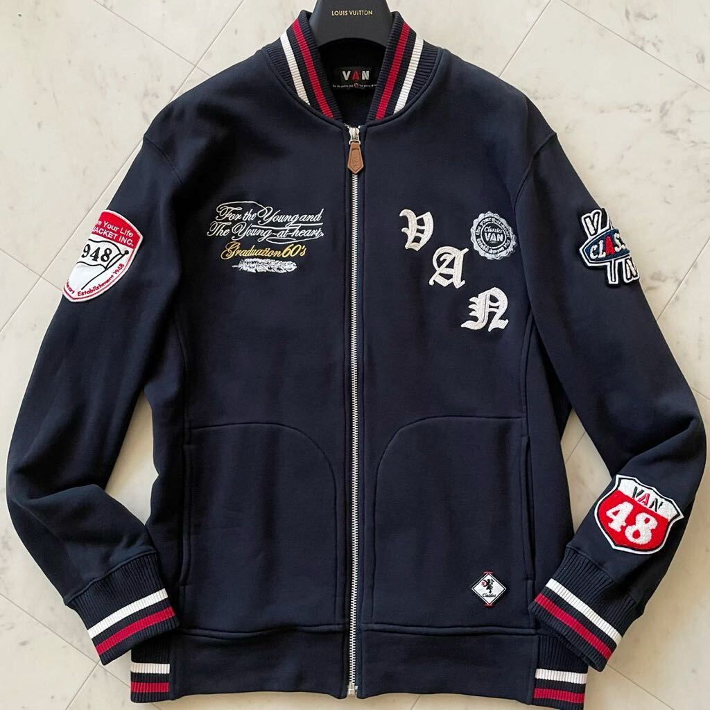  ultimate beautiful goods /LL size * VAN JAC Van ja Kett sweat blouson stadium jumper jacket Zip up XL embroidery badge navy men's 