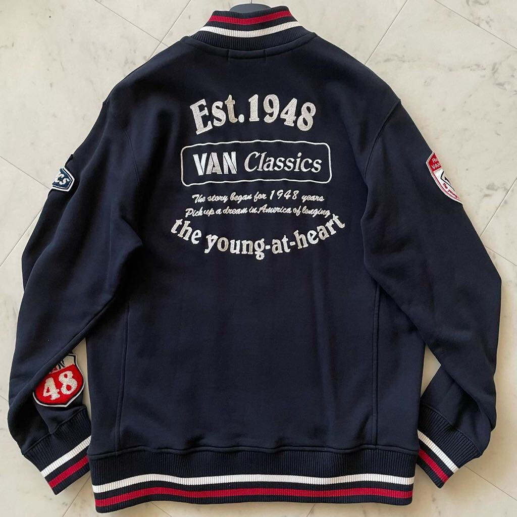  ultimate beautiful goods /LL size * VAN JAC Van ja Kett sweat blouson stadium jumper jacket Zip up XL embroidery badge navy men's 