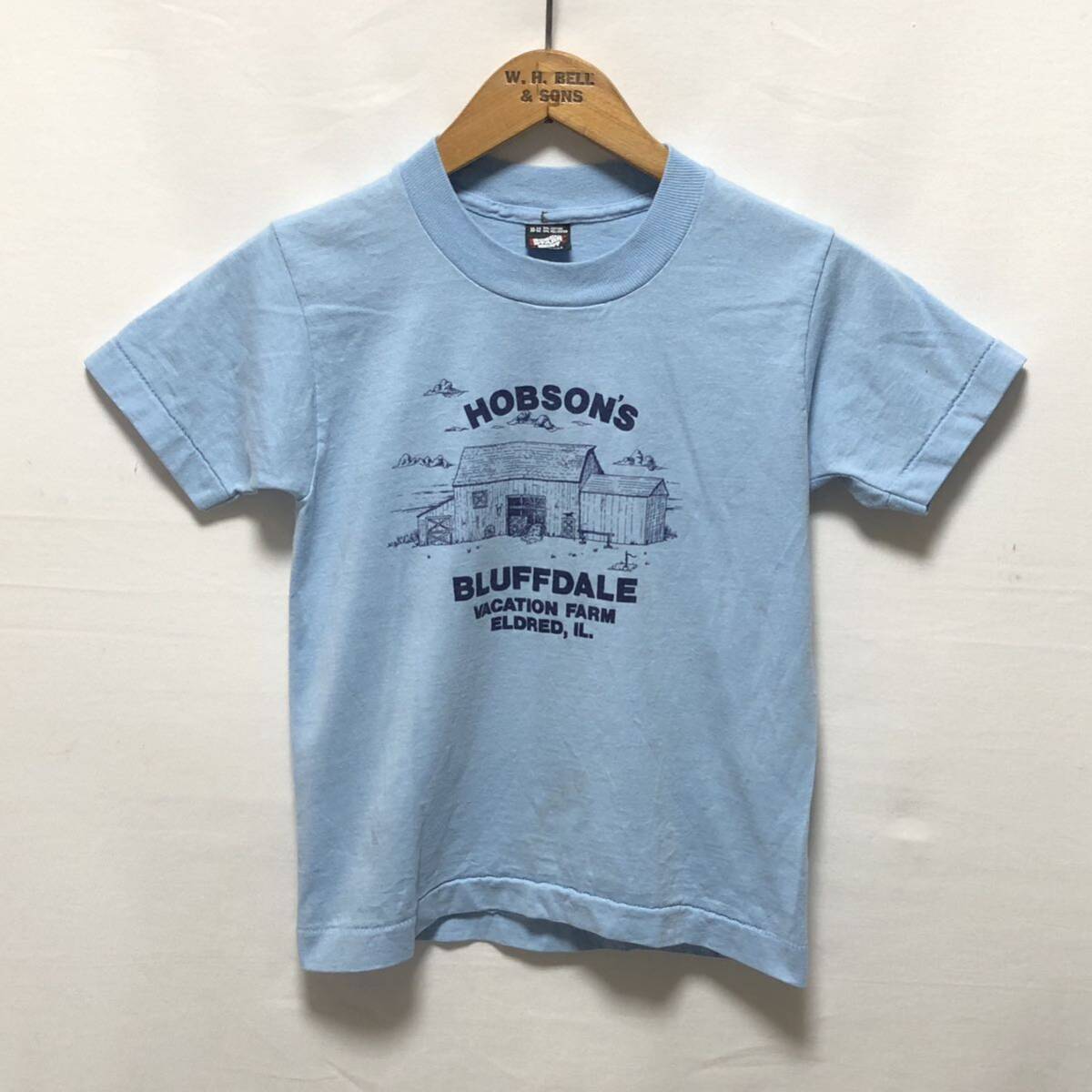■ 子供用 90s 90年代 USA製 SCREEN STARS HOBSON'S BLUFFDALE VACATION FARM Illinois シングルステッチ Tシャツ 10-12 水色 キッズ ■_画像1