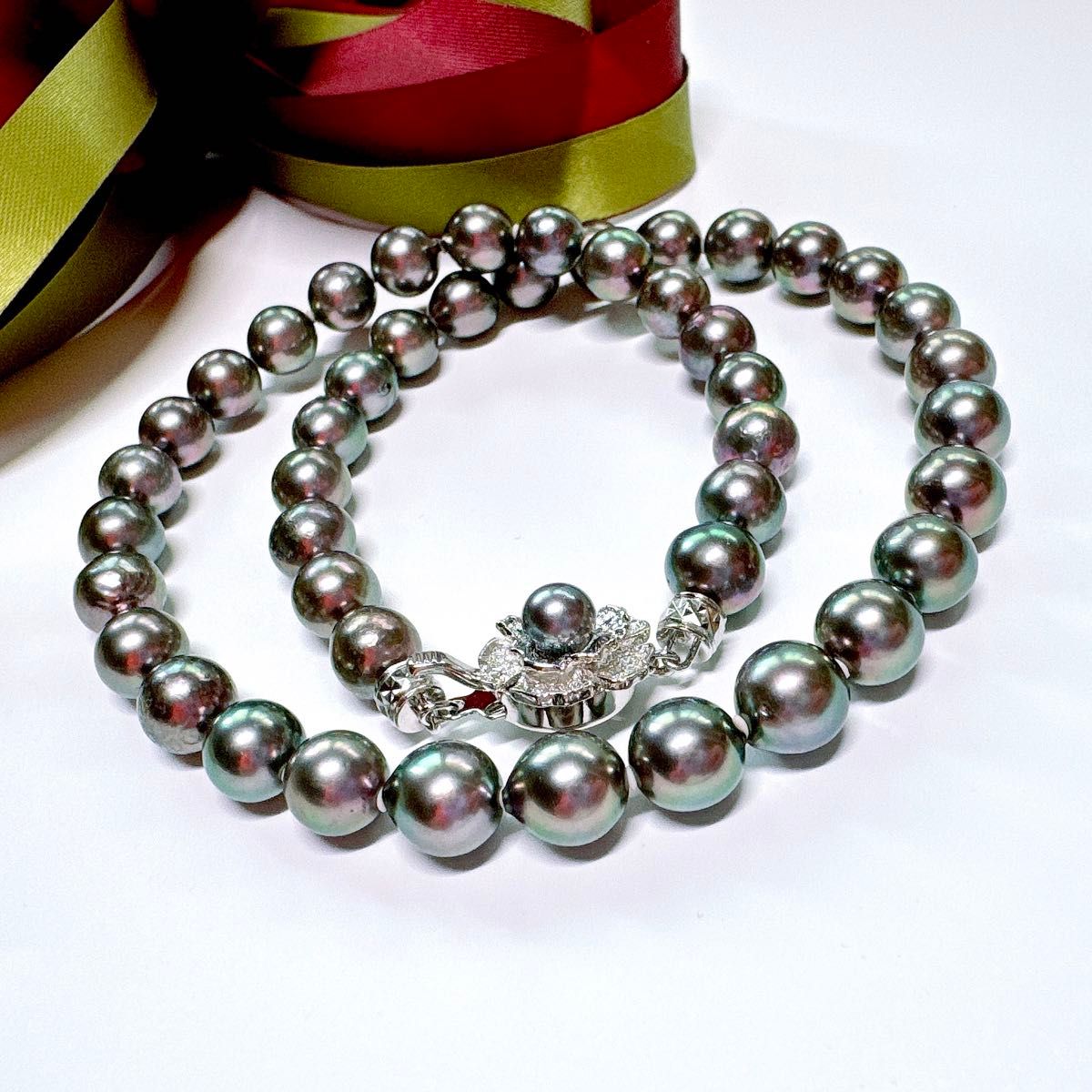 本真珠　あこやパール　大粒8.3mm～　グレーブルー　ネックレス&数珠　セット
