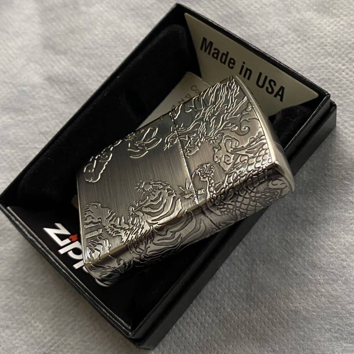 ZIPPO/新品/龍虎/4面彫刻/ニッケル古美/和柄/ジッポー/送料無料/縁起物/タイガー&ドラゴン/ギフト/プレゼント/コレクション