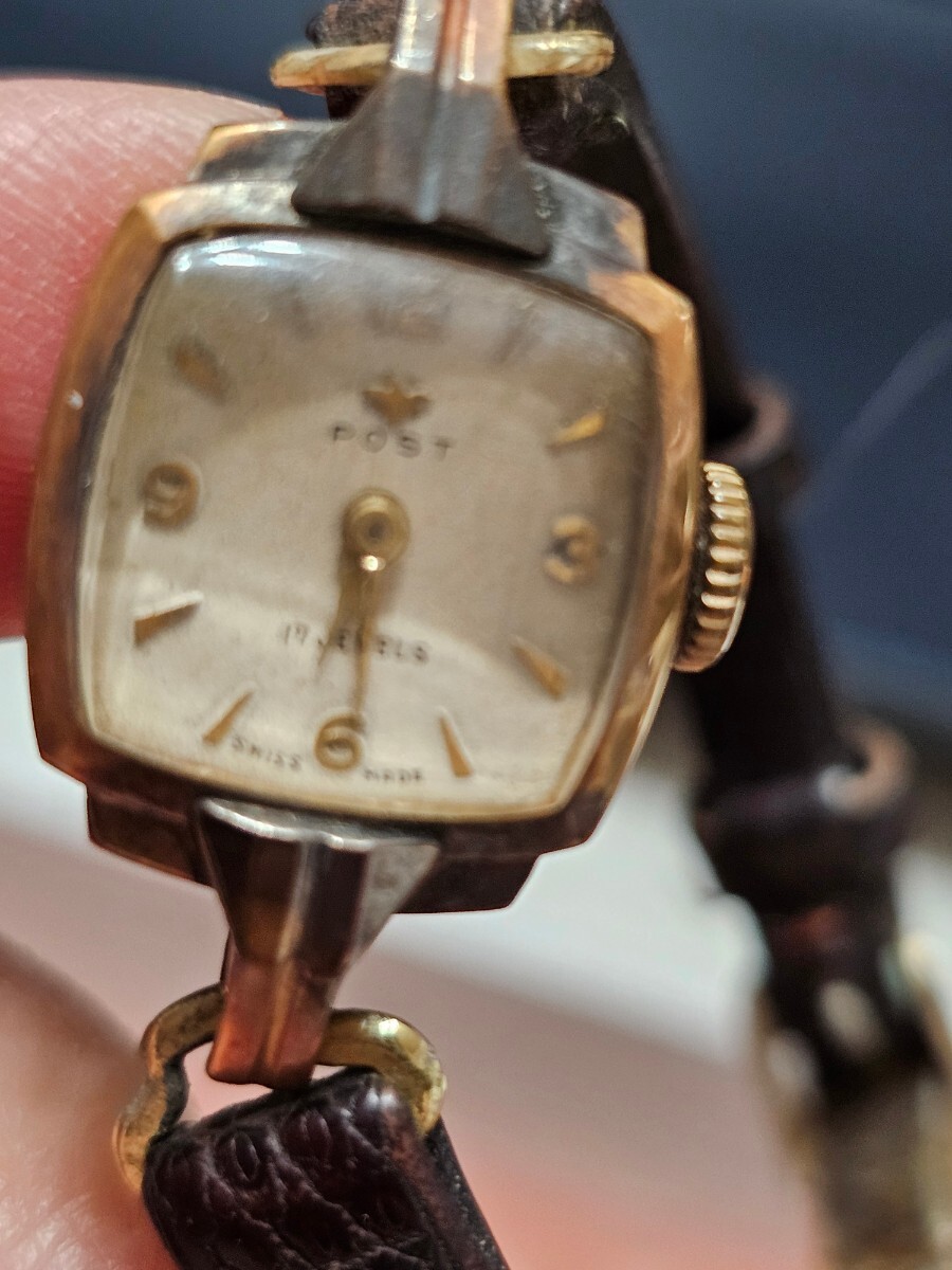 ビンテージ　18金　刻印あり　高級腕時計　アンティーク　スイス製　POST手巻腕時計　動品　難あり_画像1
